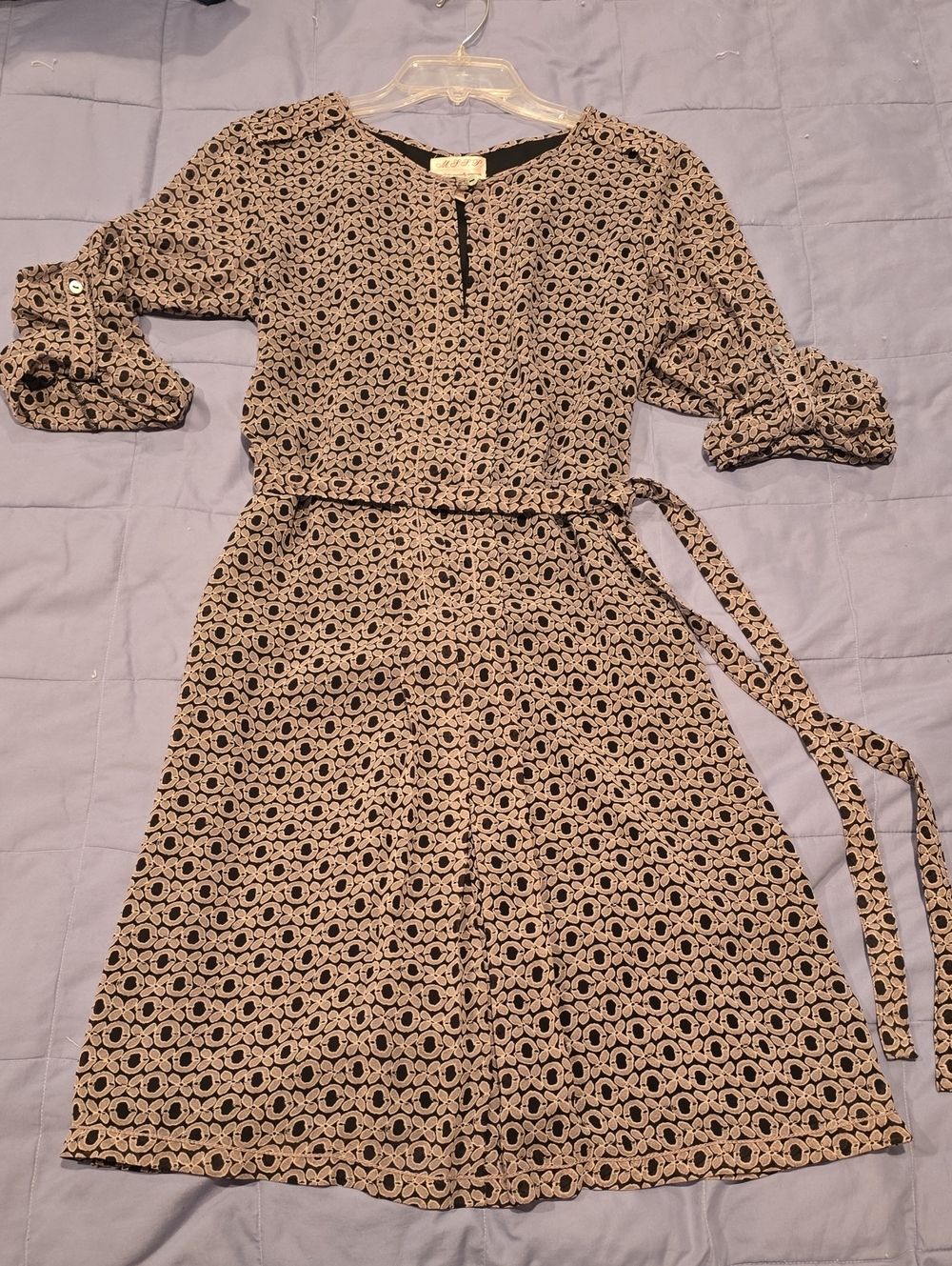 Neutral Beige and Black Patterned Long-Sleeve Tie-Waist Dress
